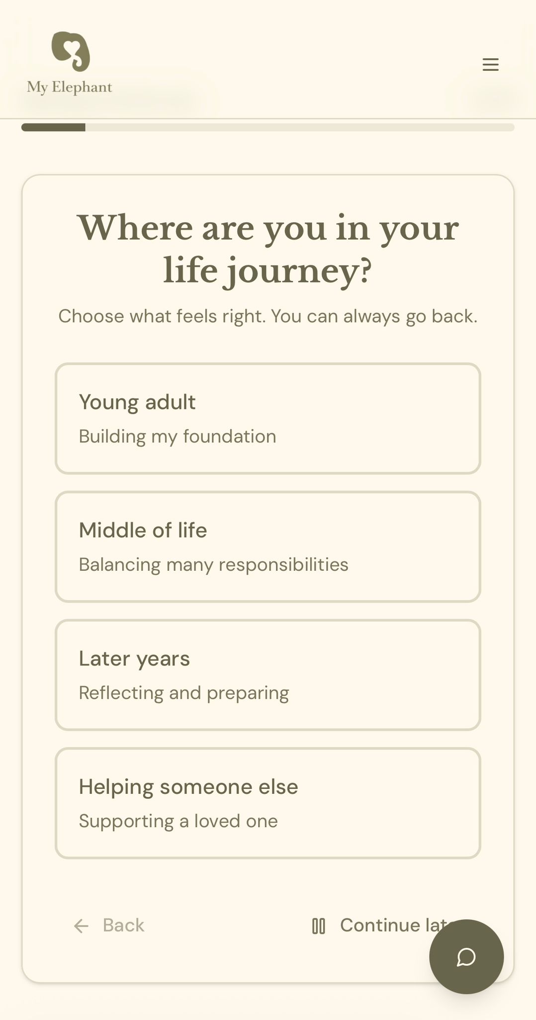 Questionnaire screen showing life journey options